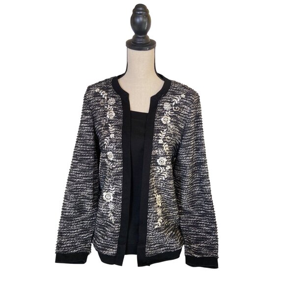 Cathy Daniels Floral Cardigan M  Black White Embroidered Knit Cottagecore Career - Picture 2 of 10
